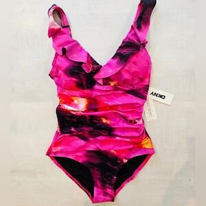 DKNY Pink and Black One Piece Tummy Control Underwire Swimsuit, Small NWT